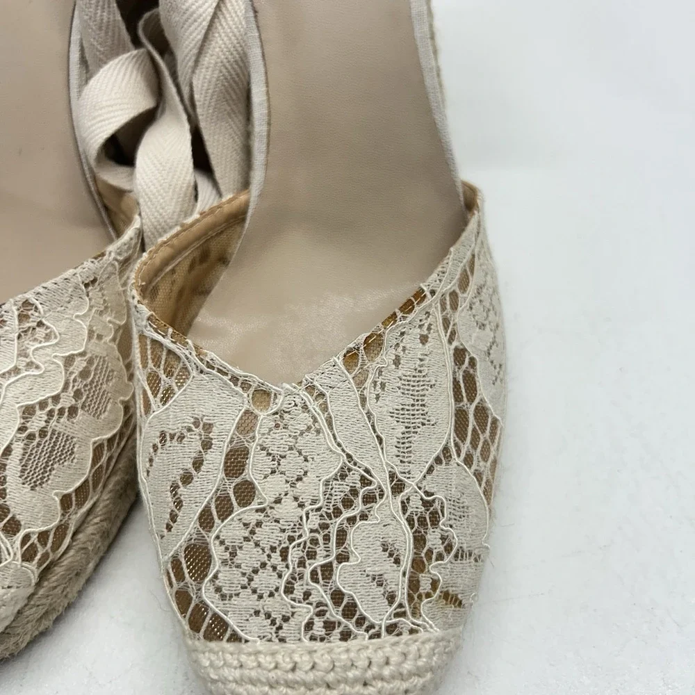 Reformation Camilla Lace Up Wedge Espadrille Cream‎ Lace Size 10.5 Boho Wedding